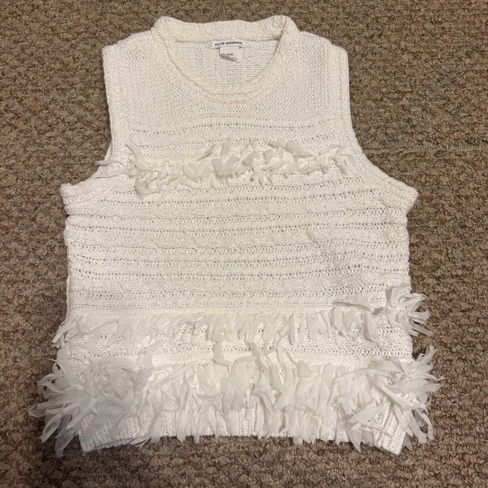 Club Monaco | Bohemian Mixed Material Chic Chunky Knit Fringe Tank Top Size M - Picture 2 of 7